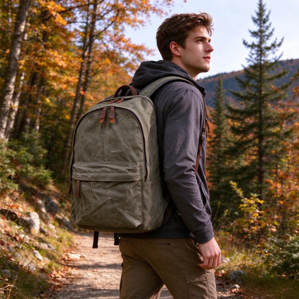 本革トリムのヴィンテージ風ワックスキャンバスバックパック。カ - Canvas Backpack Casual のレビューと価格